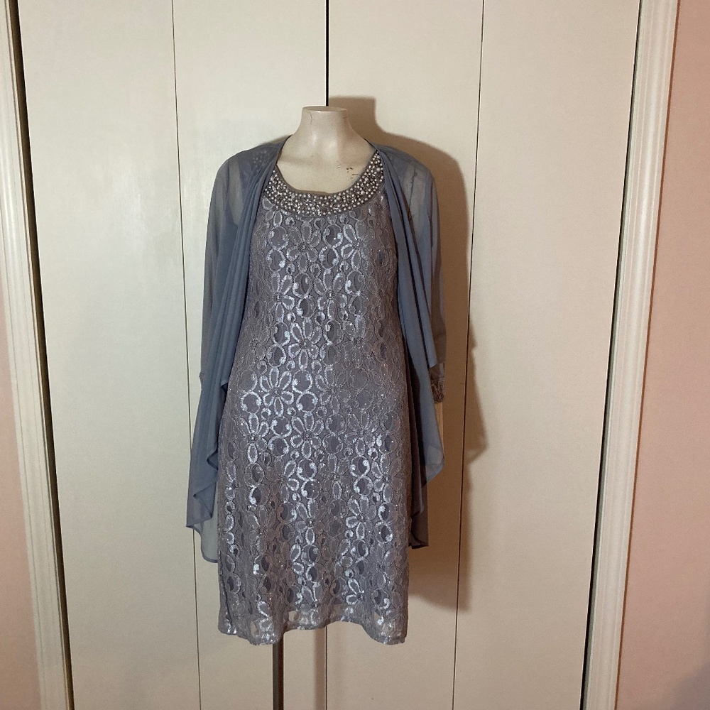 R & M Richards Embellished Lace Sheath Dress with Jacket Silver L137116 Size 8